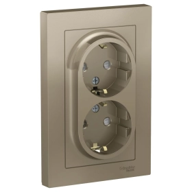 Розетка двойная с заземлением, шторками, 16А, в сборе - шампань, Schneider Atlas Design